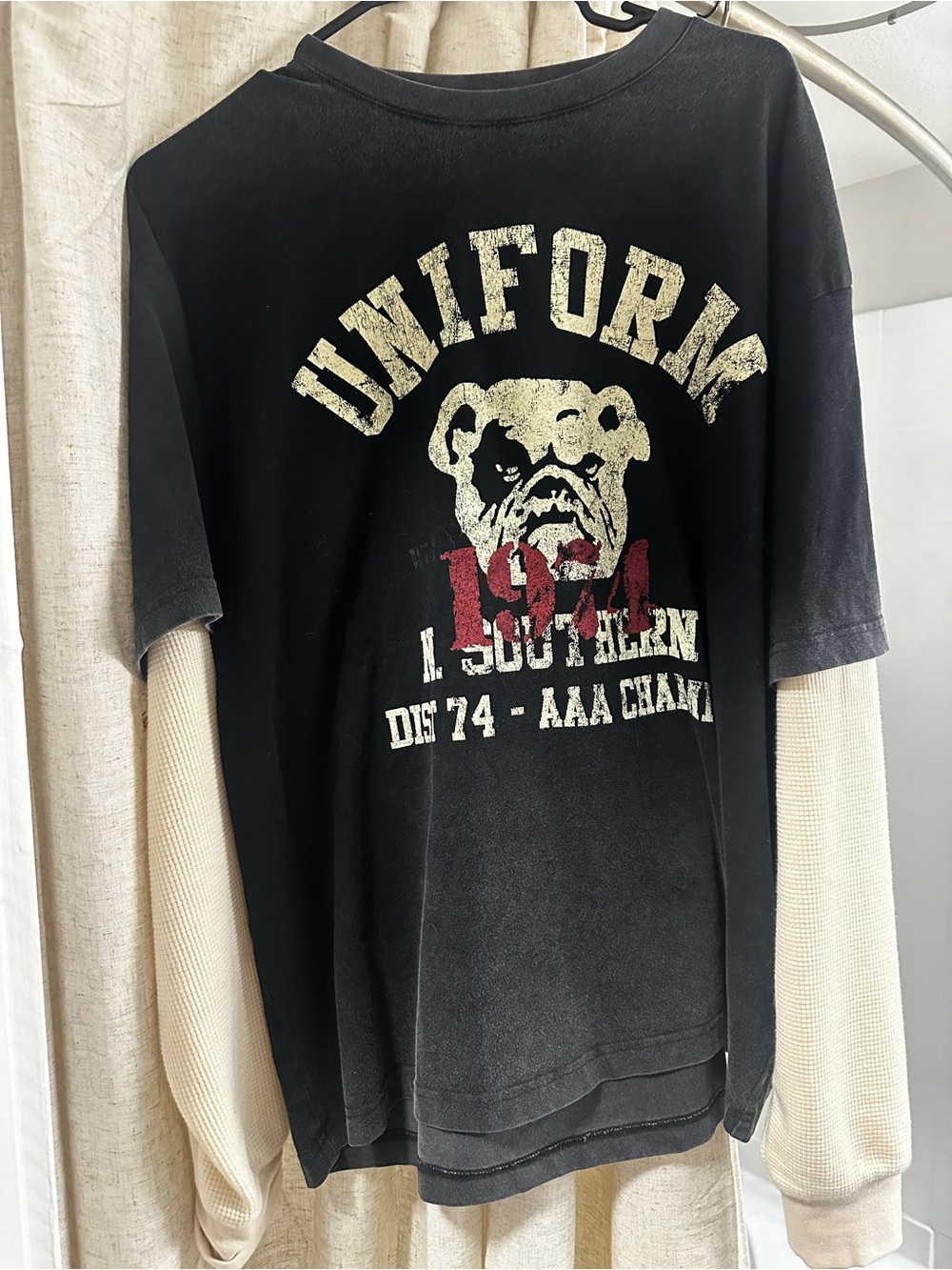 Black Graphic Bulldog Pullover with Cream Sleeve Layering